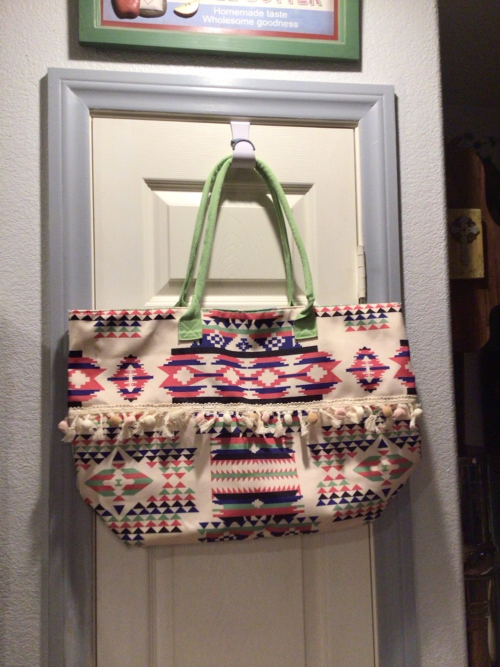Canvas Aztec-Print Tote Bag with Green Handles
